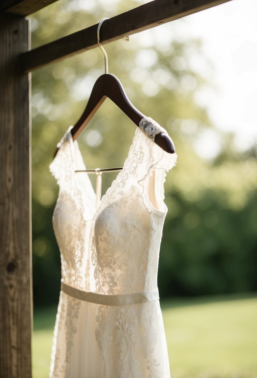 A lace wedding dress with delicate cap sleeves hangs on a vintage wooden hanger, surrounded by soft natural light