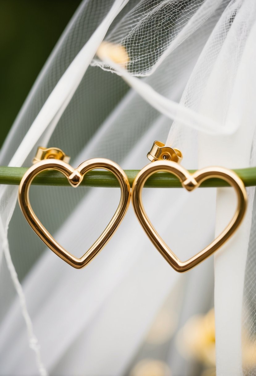 Two gold hoop heart studs entwined, with a wedding veil in the background