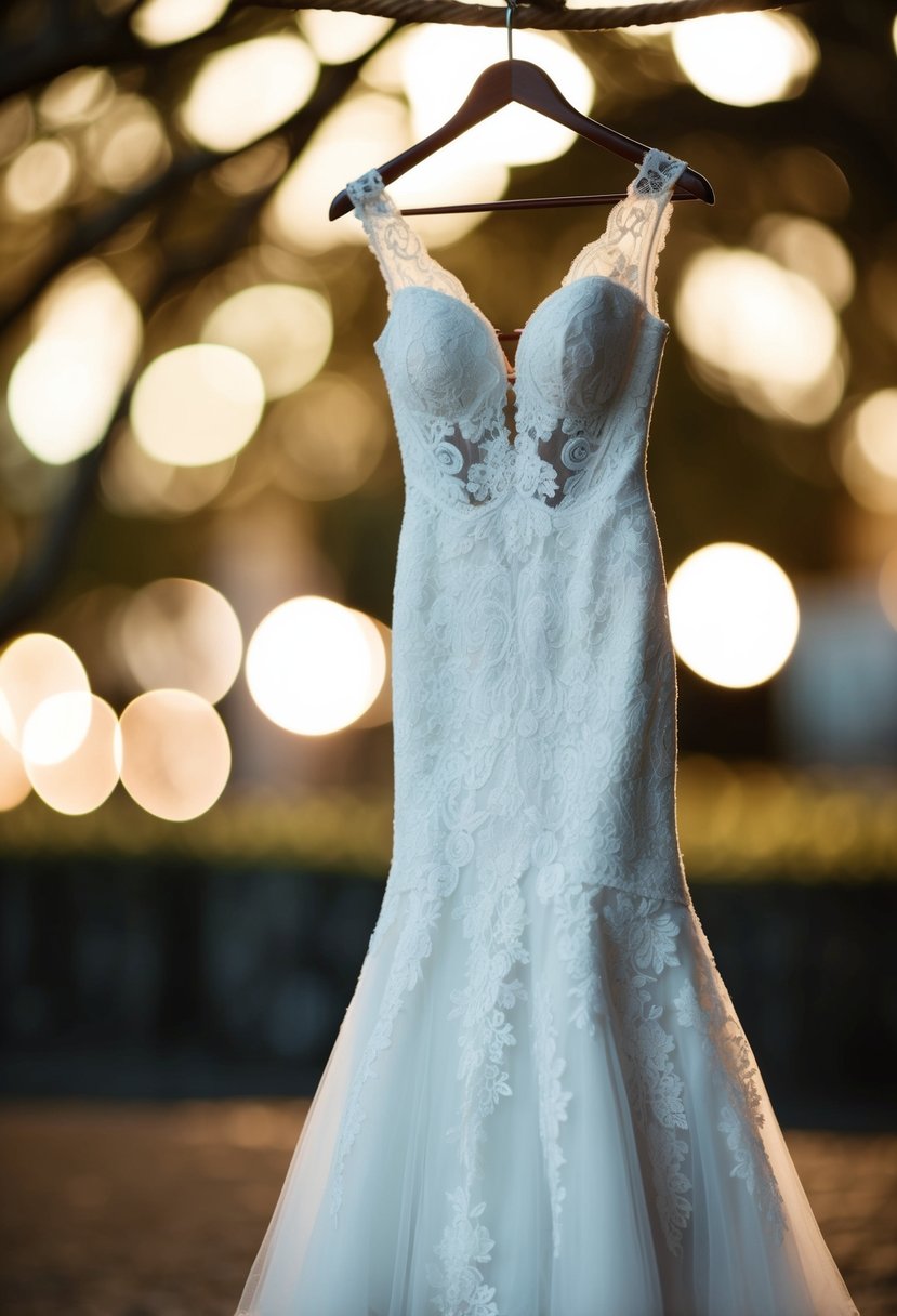 A lace mermaid silhouette wedding dress on a hanger