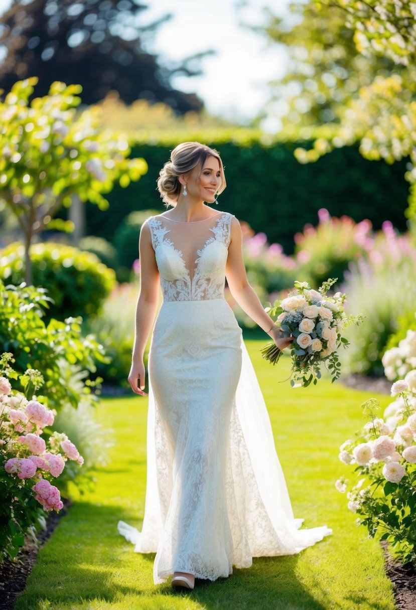 A bride in a flowing lace wedding dress walks through a sunlit garden, surrounded by blooming flowers and lush greenery