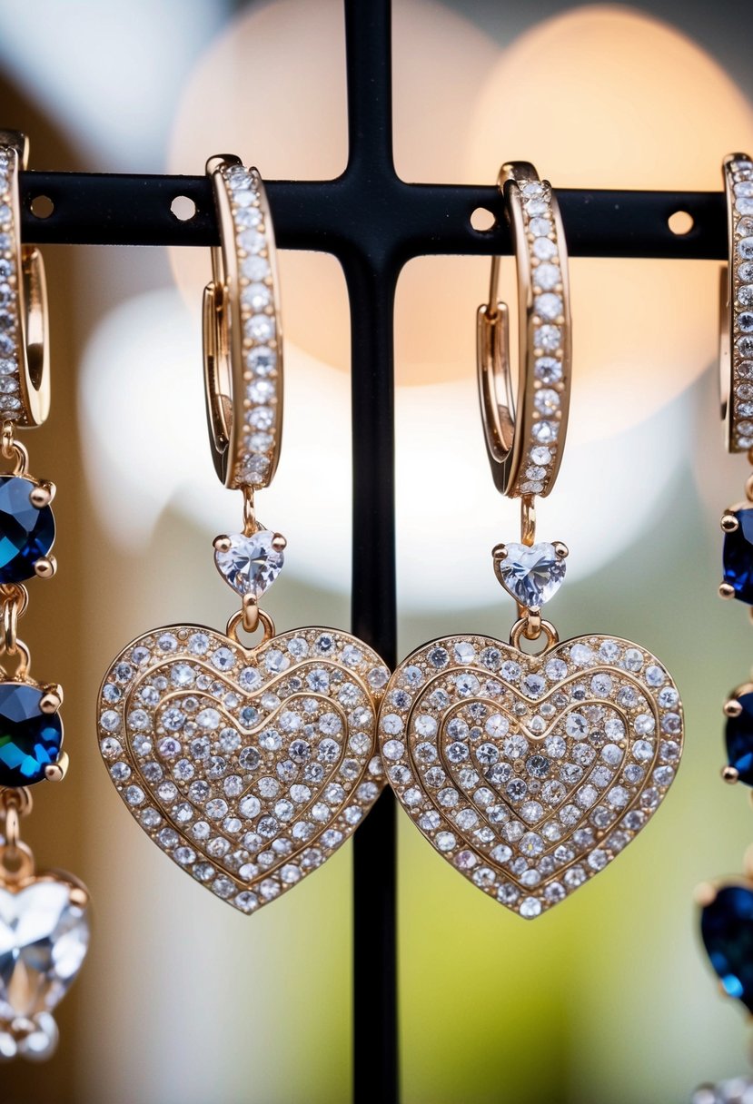 A pair of rhinestone heart dangle earrings hanging from a jewelry display, surrounded by other wedding accessories