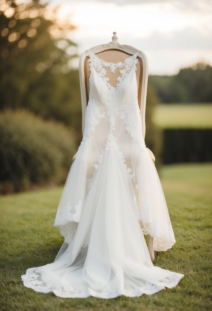 A delicate lace and tulle wedding dress draped over a vintage chair