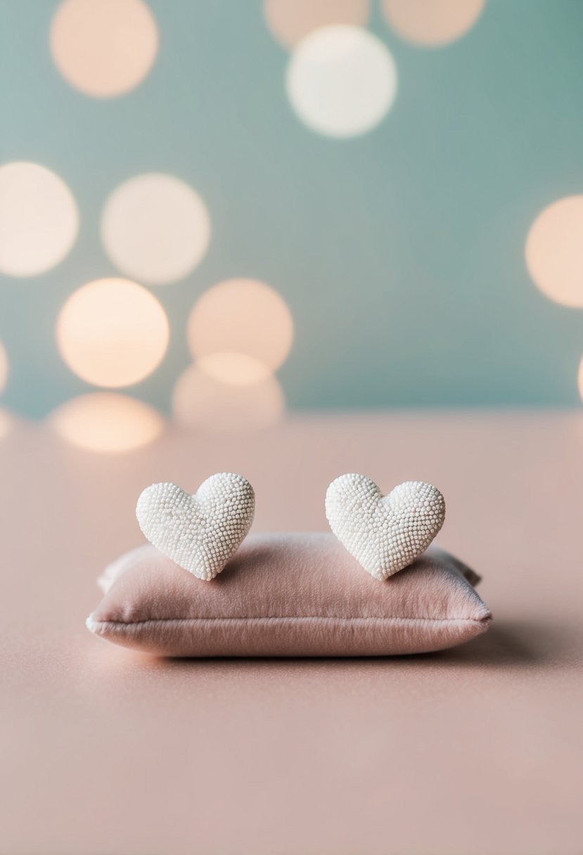 Two white mini heart earrings displayed on a velvet cushion against a soft pastel background