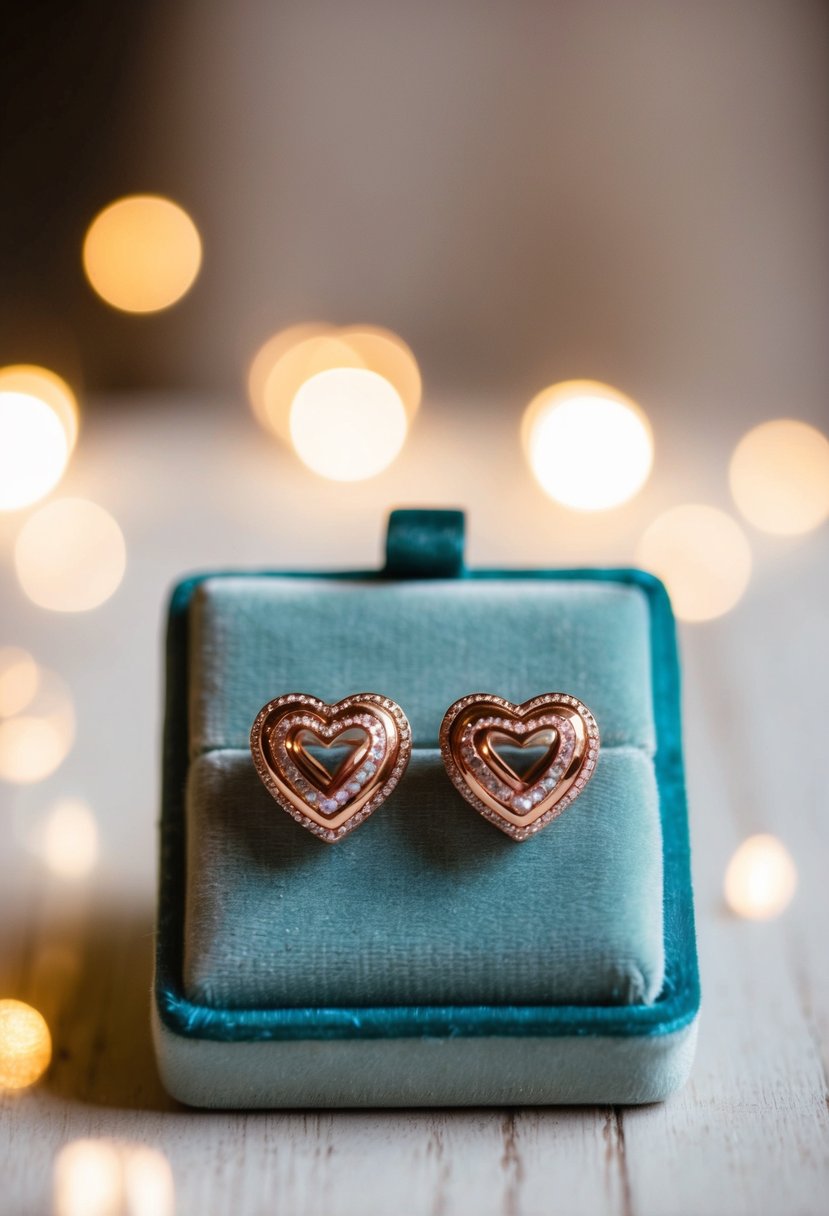 A pair of rose gold heart-shaped bridal earrings displayed on a velvet cushion with soft lighting