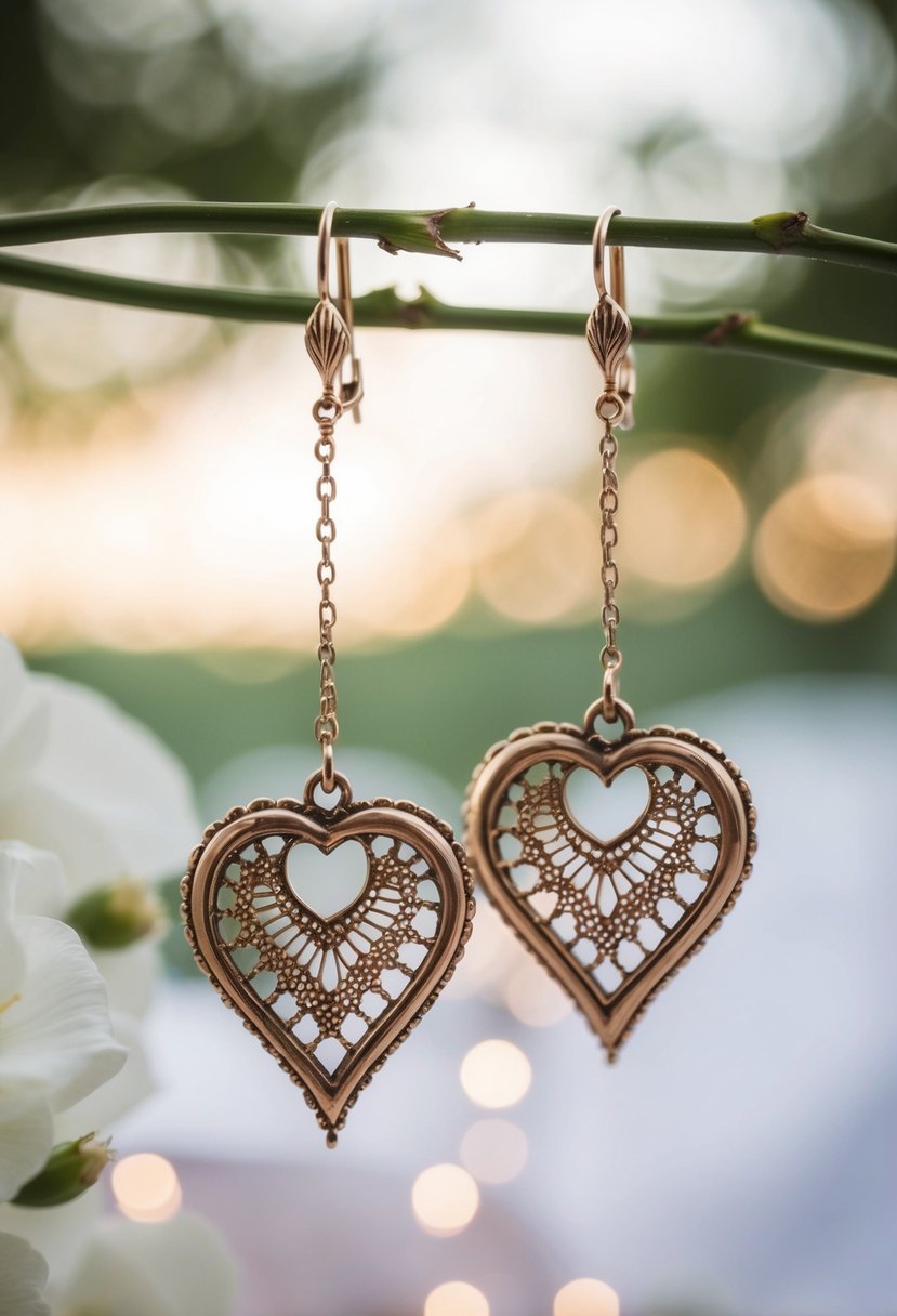 A pair of vintage heart-shaped earrings suspended from a delicate chain, with intricate pierced detailing, set against a romantic wedding backdrop