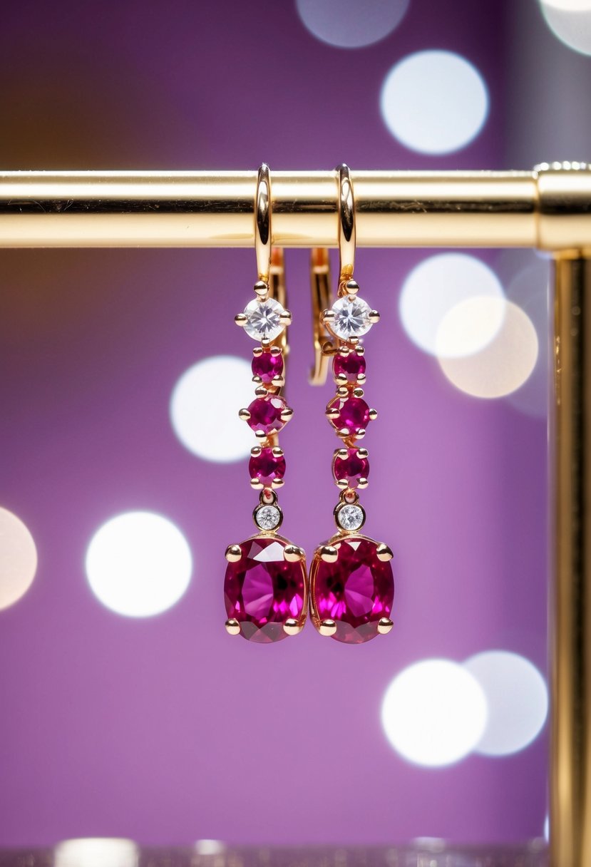 A pair of delicate pink ruby and diamond dangle earrings hang from a display, catching the light and sparkling with elegance