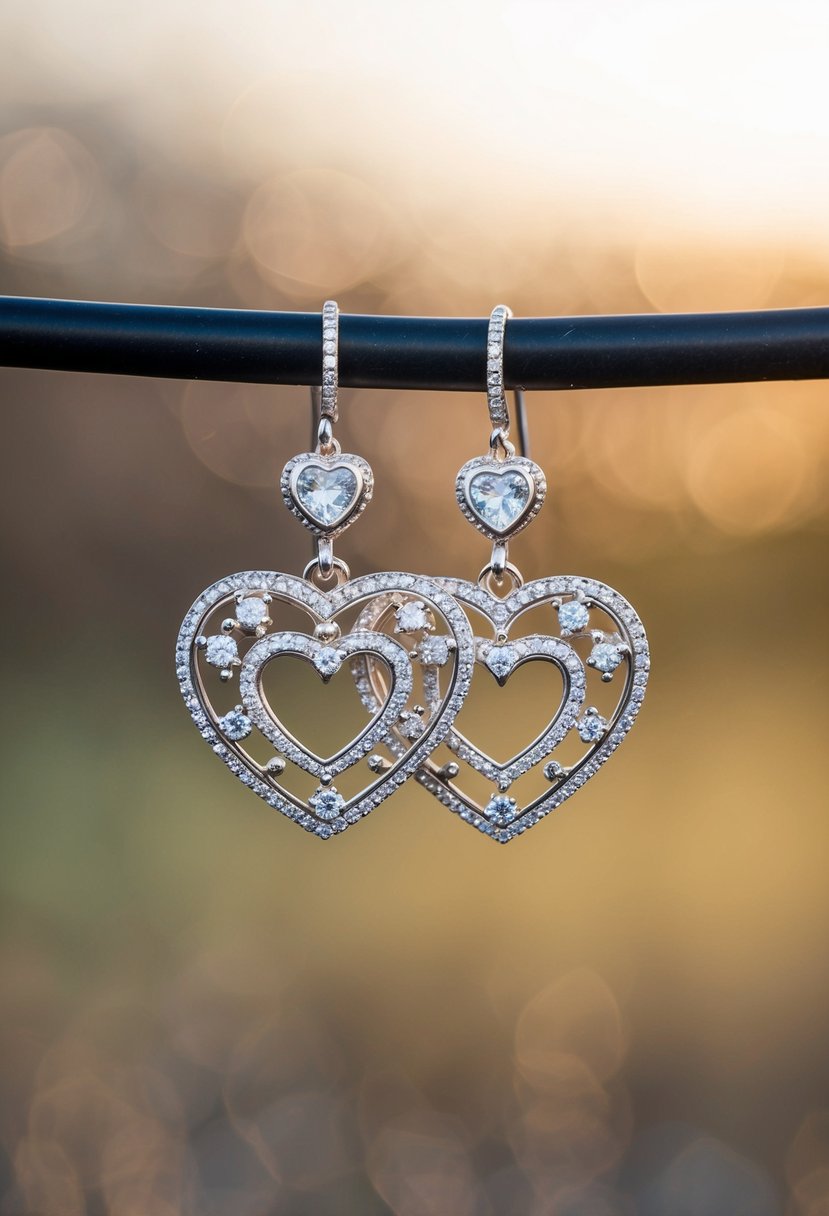 A pair of heart-shaped earrings, intricately crafted with delicate details, adorned with sparkling gems, and hanging from elegant hooks