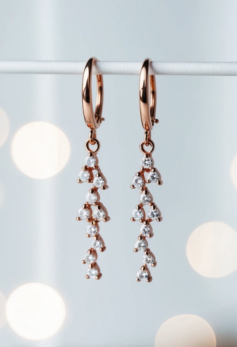 A pair of rose gold scattered diamond drop earrings hanging against a white backdrop, catching the light and sparkling with elegance