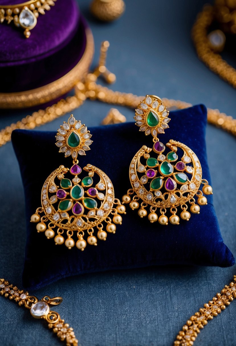 A pair of intricate gold and gemstone earrings, inspired by traditional Indian wedding jewelry, are displayed on a velvet cushion