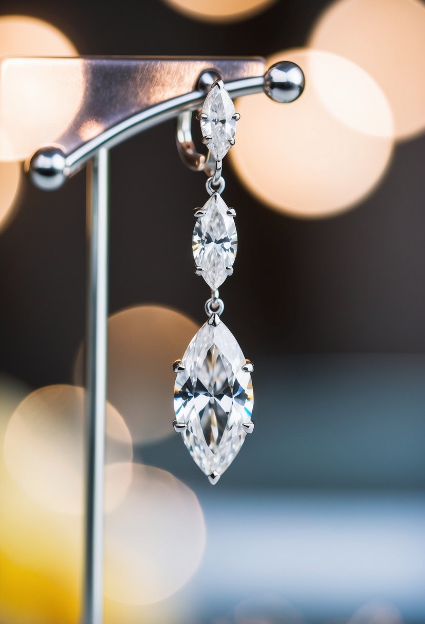 A vintage-inspired marquise diamond drop earring hangs delicately from a display stand, catching the light and showcasing its elegant design