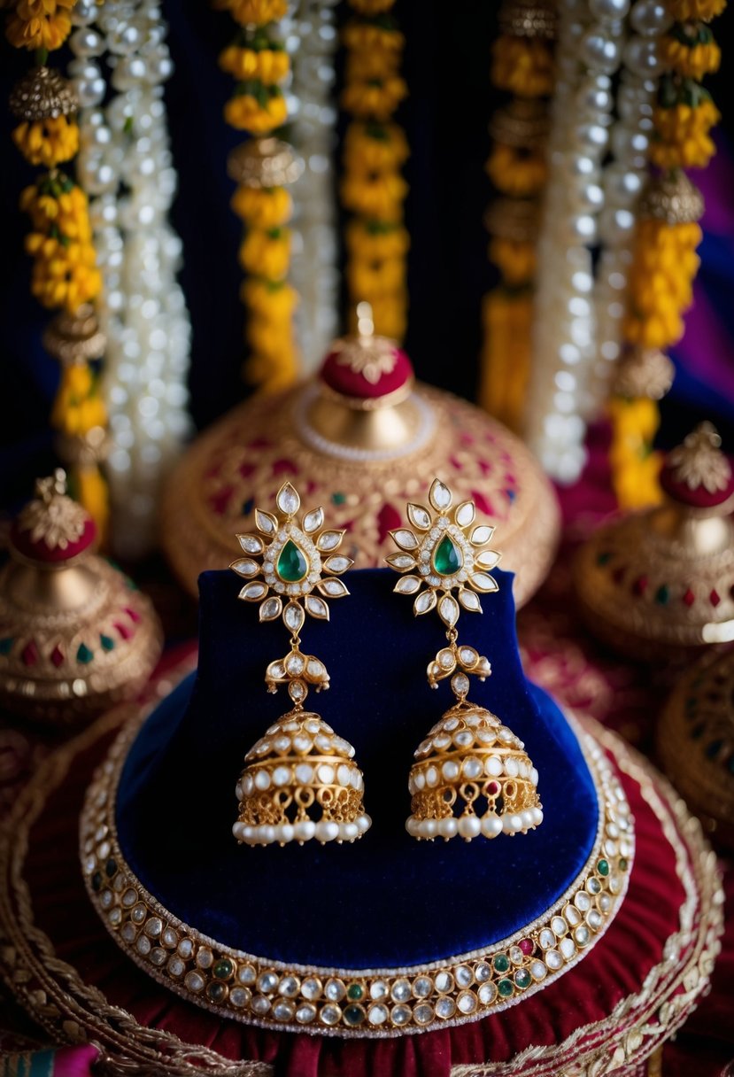 A pair of ornate Kundan Pearl Chandbali earrings displayed on a velvet cushion with intricate embroidery, surrounded by traditional Indian wedding decor