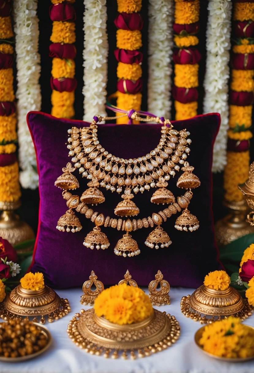 A display of ornate temple jewelry jhumkas arranged on a velvet cushion, surrounded by vibrant floral garlands and traditional Indian wedding decorations