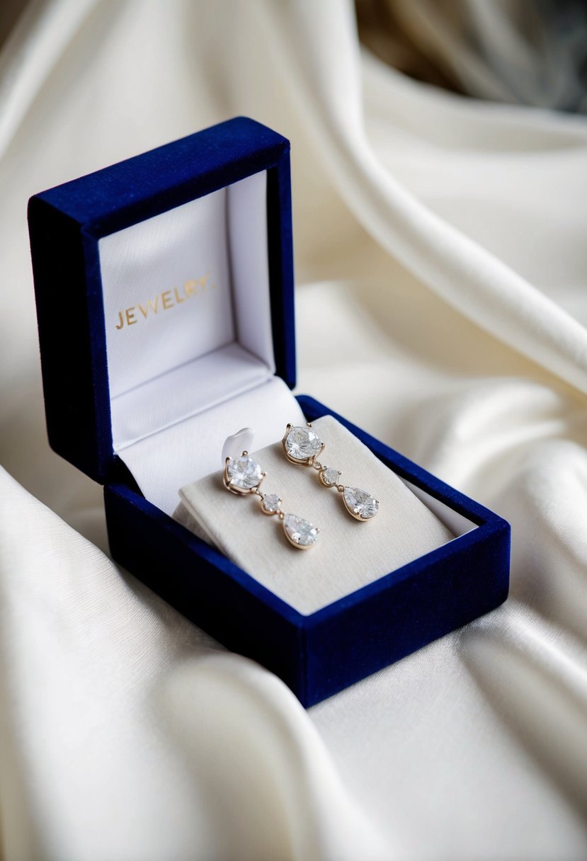 A velvet jewelry box open, revealing 18 diamond drop earrings against a soft, white fabric background