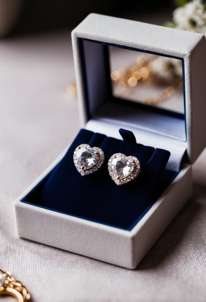 A sparkling pair of heart-shaped wedding earrings displayed on a velvet-lined jewelry box