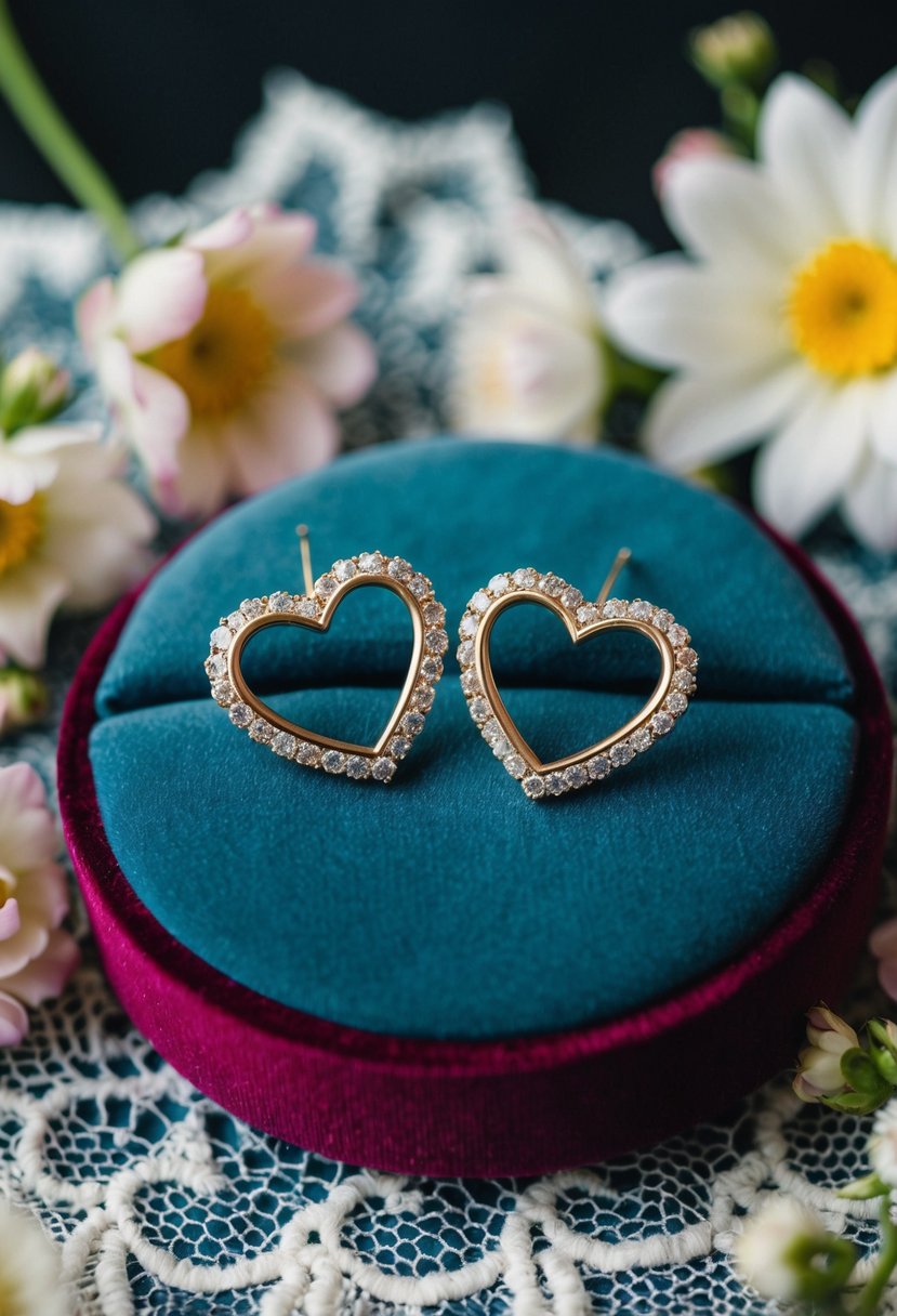 Two heart-shaped earrings resting on a velvet cushion, surrounded by delicate lace and flowers