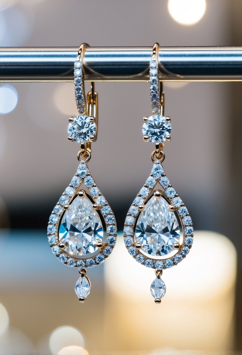 A pair of delicate diamond bridal earrings dangle from a display, catching the light and sparkling with elegance