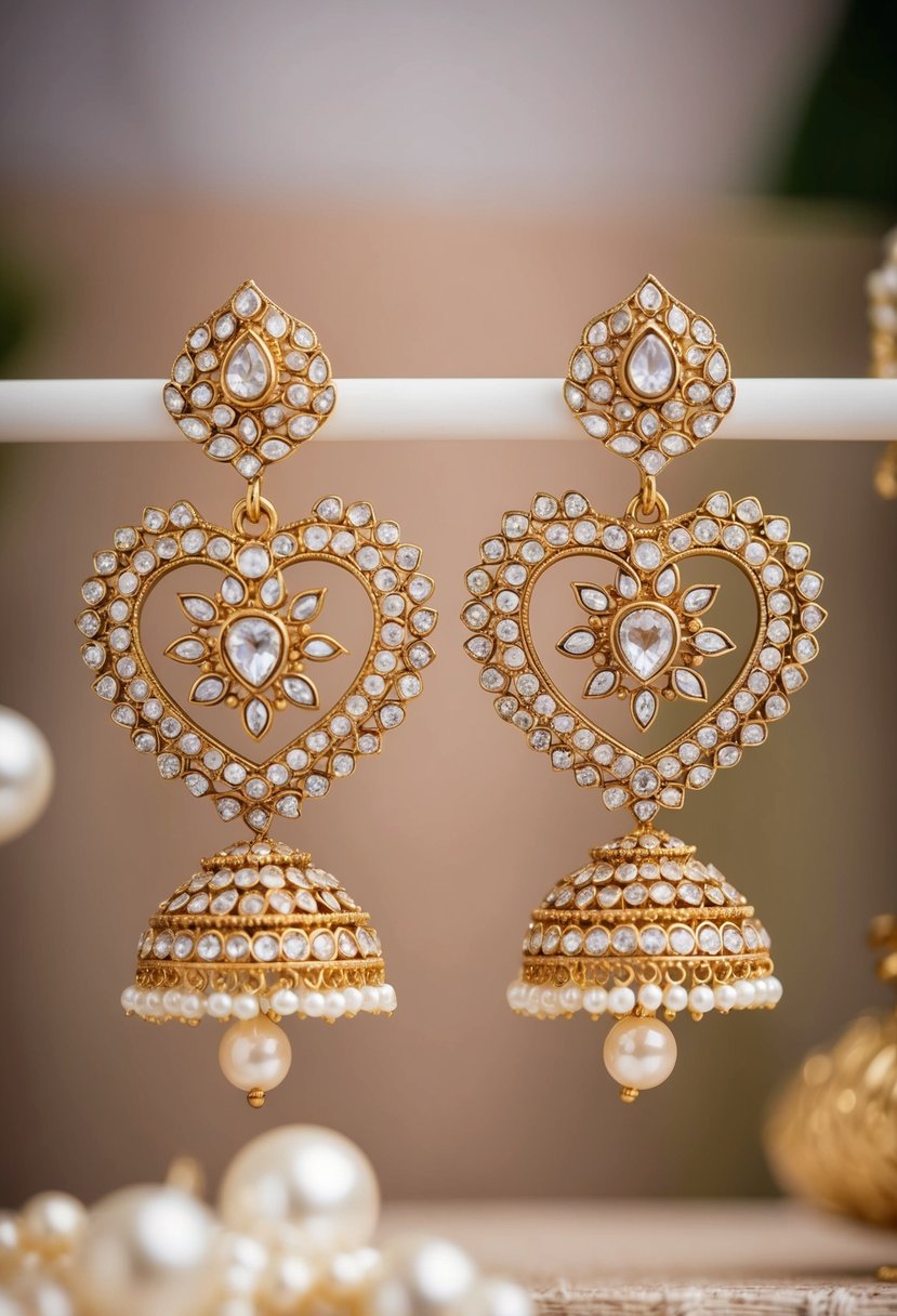 A pair of intricately designed heart-shaped earrings adorned with delicate pearls and sparkling gemstones, inspired by the grandeur of the Bahubali film, perfect for a bridal wedding ensemble