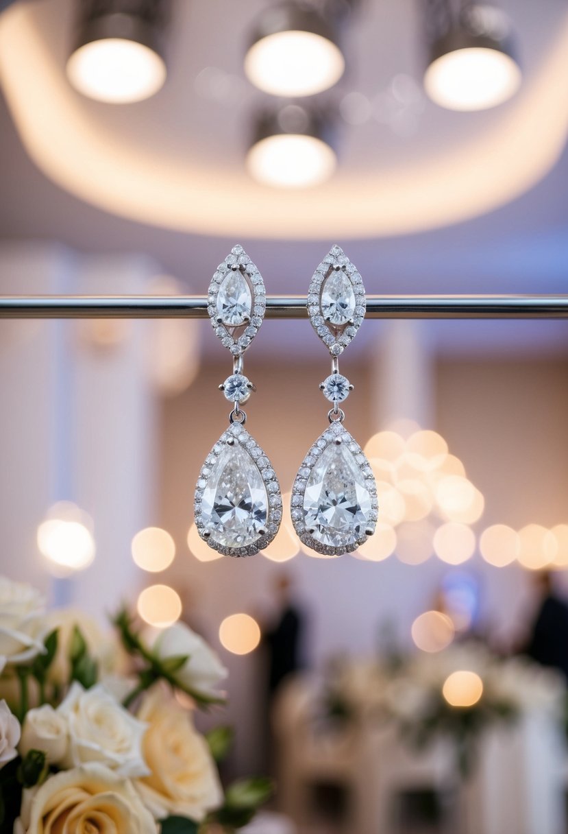 A pair of sophisticated pave diamond drop earrings, sparkling in the soft light of a luxurious wedding reception