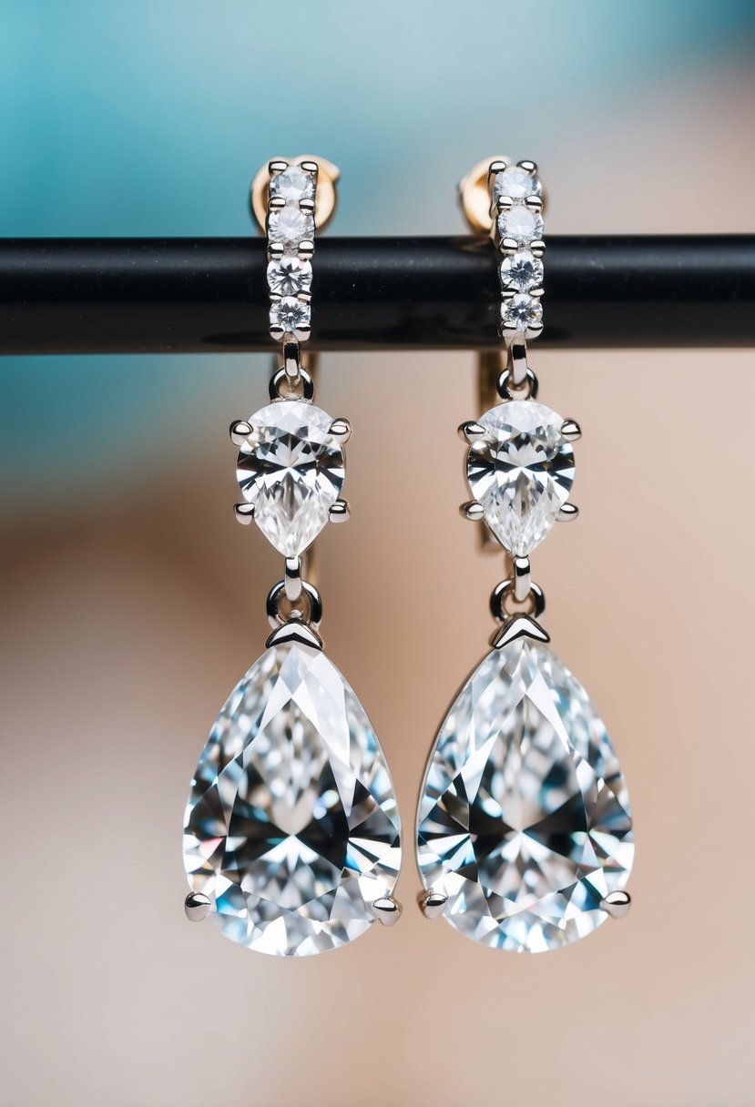 Two pear-cut diamond earrings dangling from a delicate wedding earring design