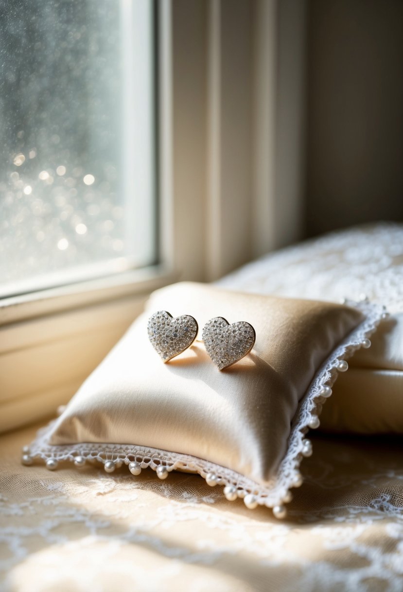 A delicate pair of heart-shaped earrings resting on a lace-trimmed satin pillow. Sunlight filters through a nearby window, casting a soft glow on the shimmering jewelry