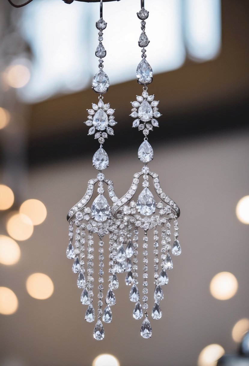 A pair of chandelier diamond earrings gleaming under soft lighting, with intricate details and sparkling diamonds cascading down