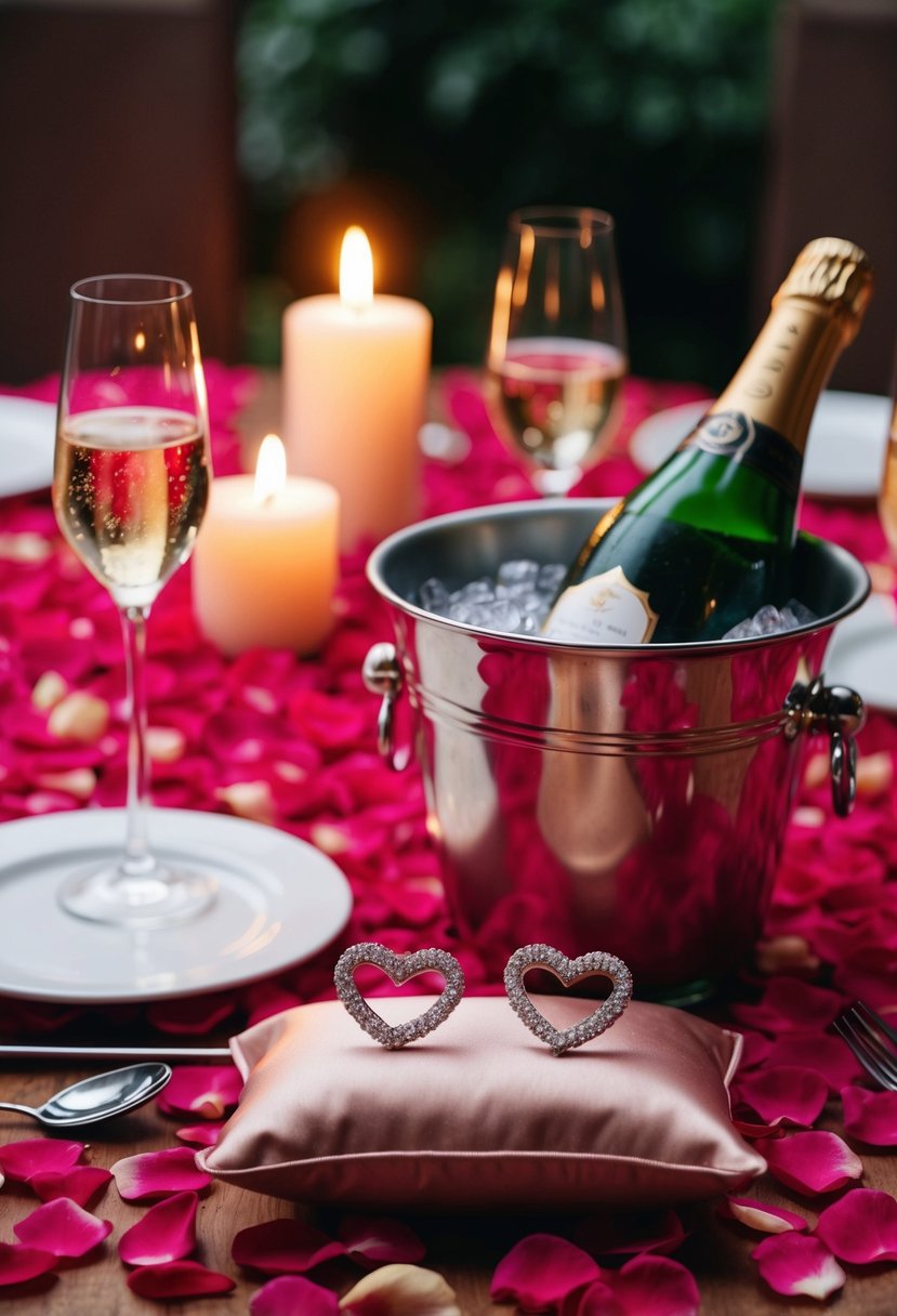 A candlelit dinner with a rose petal-covered table, two heart-shaped earrings resting on a silk cushion, and a bottle of champagne chilling in an ice bucket