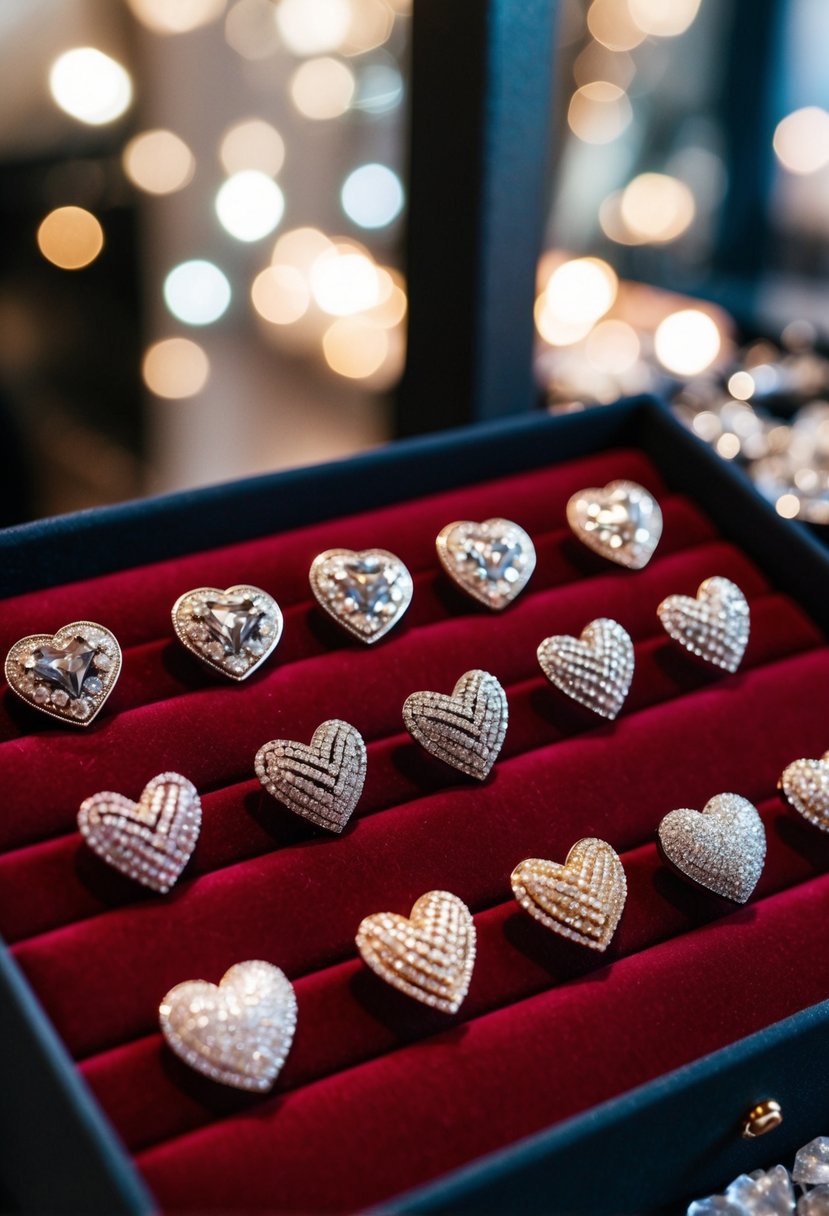 A collection of heart-shaped earring designs arranged on a velvet display, with intricate patterns and sparkling gemstones