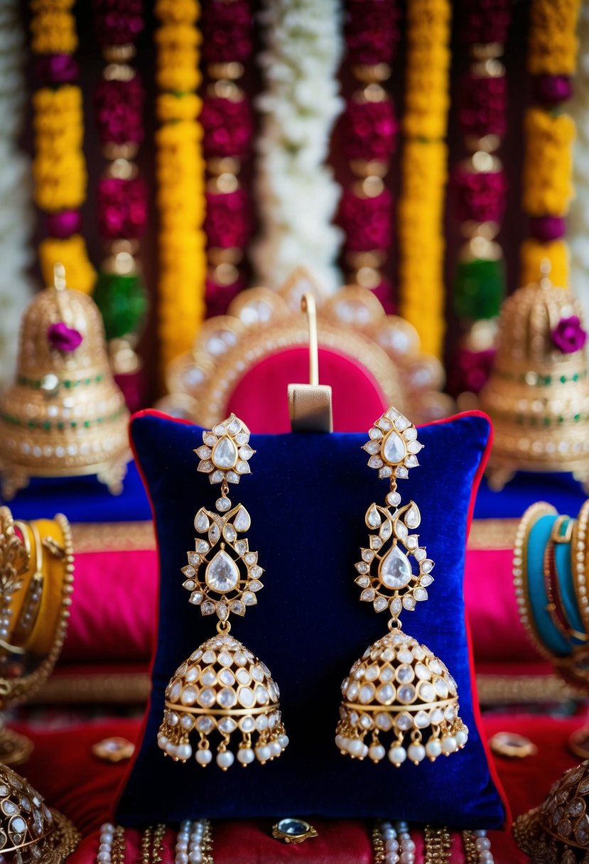 A pair of intricate Polki diamond danglers displayed on a velvet cushion, surrounded by vibrant Indian wedding decor