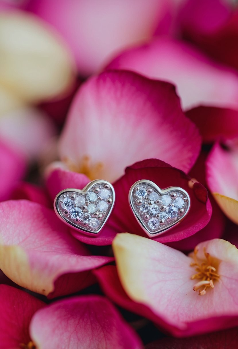 Two delicate heart stud earrings nestled on a bed of rose petals