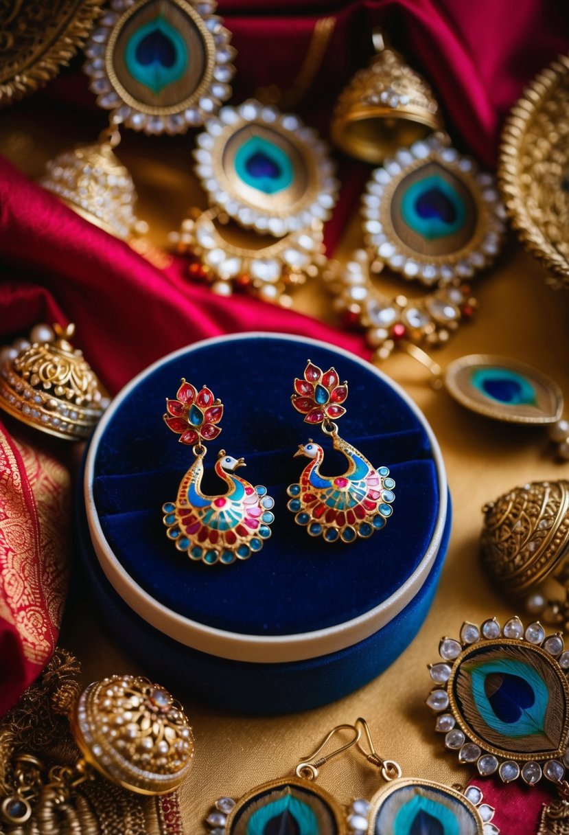 Colorful Meenakari peacock earrings on a velvet jewelry box, surrounded by gold and red fabric, with intricate Indian wedding decorations in the background