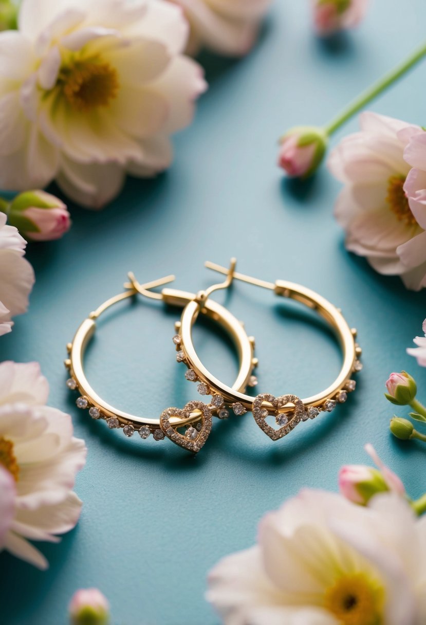 A pair of heart-shaped hoop earrings adorned with delicate charms, surrounded by soft floral accents and romantic lighting