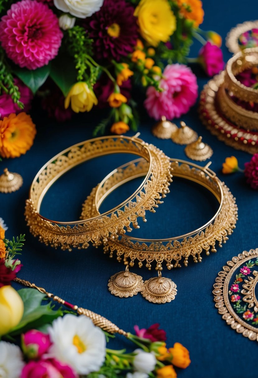 Two ornate gold filigree hoops adorned with intricate Indian wedding designs, surrounded by vibrant floral arrangements and traditional decorative elements