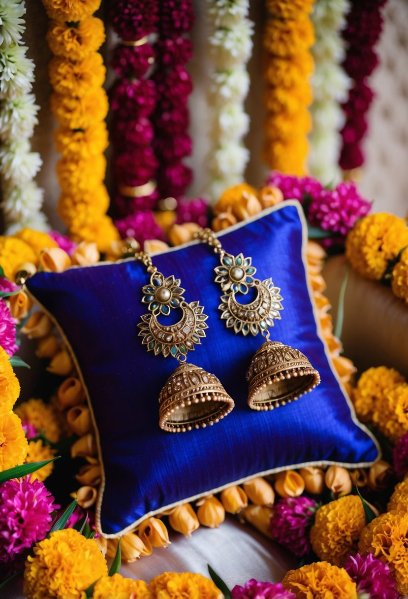 A pair of antique finish jhumkas hanging from a silk cushion, surrounded by vibrant floral garlands and traditional Indian wedding decor