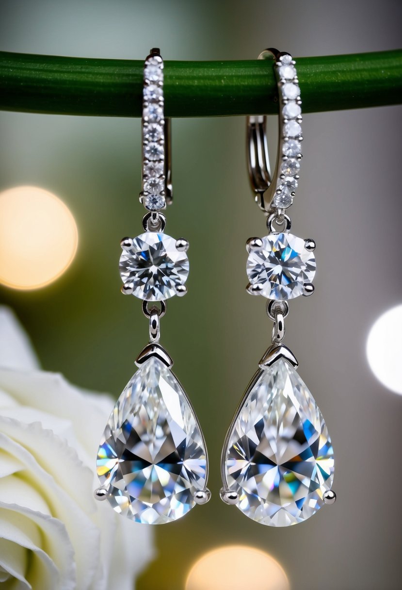 Two sparkling teardrop diamond earrings suspended from delicate halos, catching the light at a wedding reception