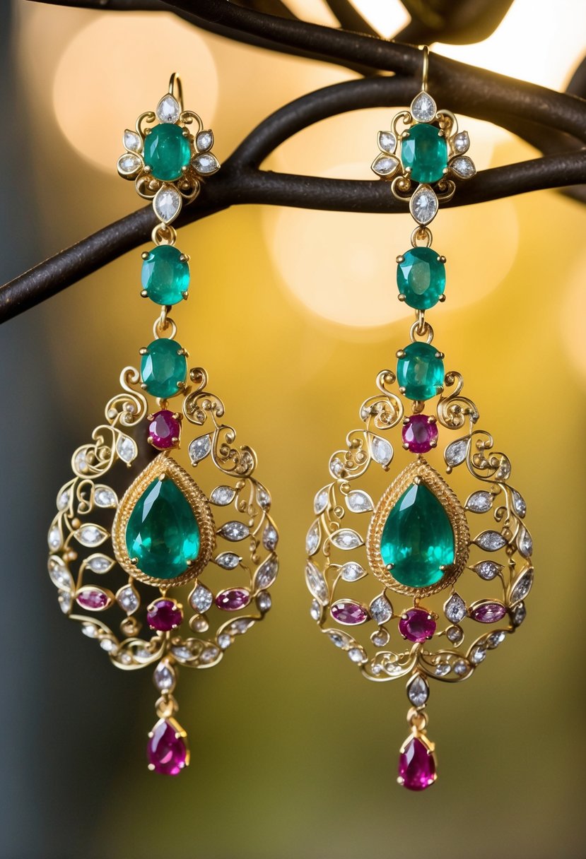 Exquisite chandelier earrings with emerald and ruby gemstones, intricate gold details, and delicate filigree work