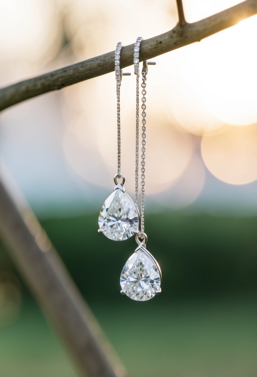 A sparkling pair of diamond drop earrings suspended from a delicate chain, catching the light and exuding elegance