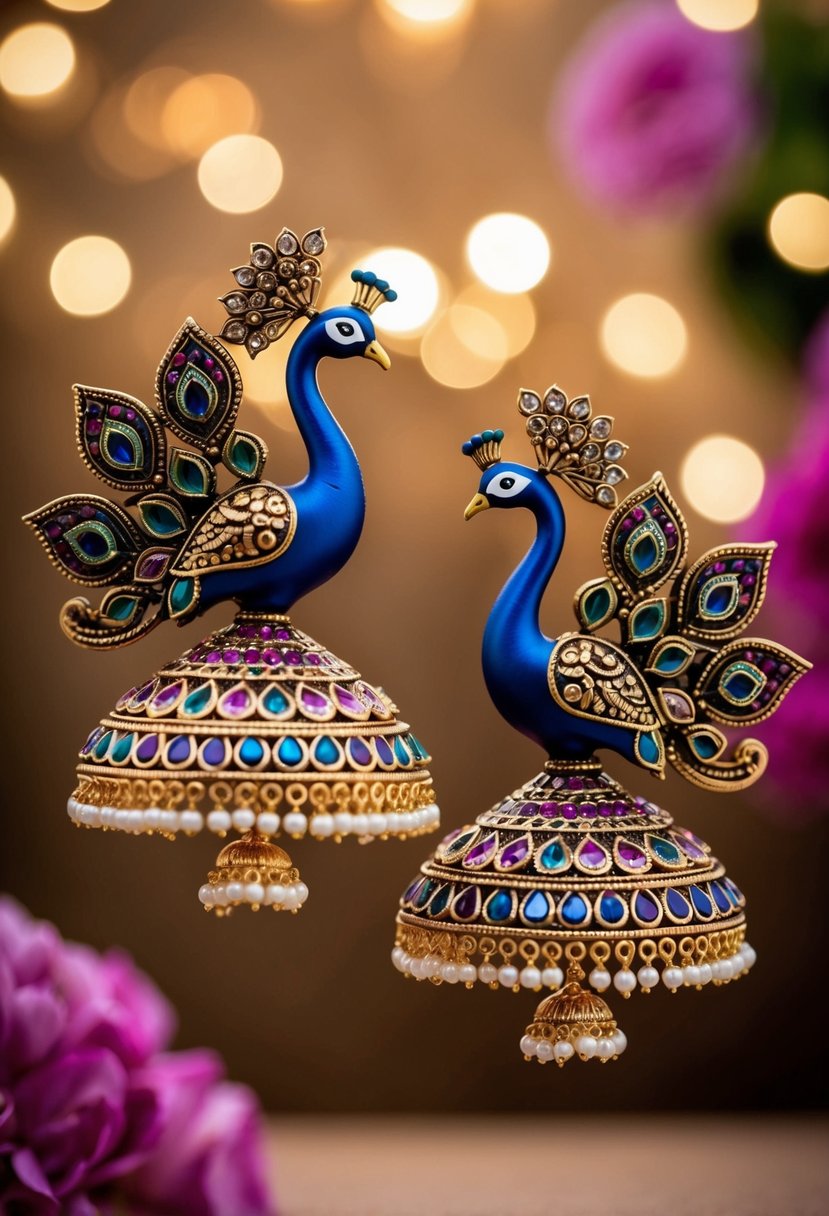 A pair of ornate peacock motif earrings, inspired by the Bahubali movie, featuring intricate details and vibrant colors, perfect for an Indian wedding