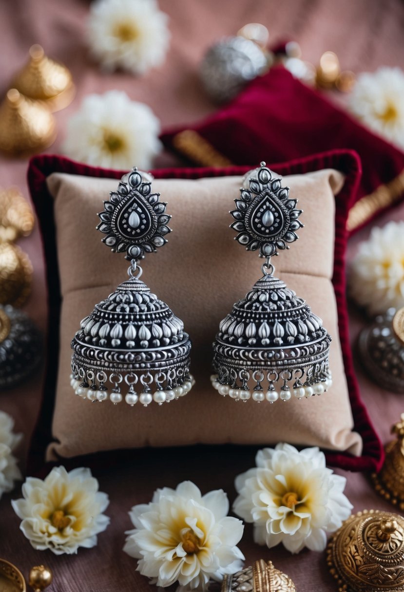 A pair of intricate silver oxidized Chandbalis wedding earrings displayed on a velvet cushion, surrounded by delicate floral motifs and traditional Indian ornaments