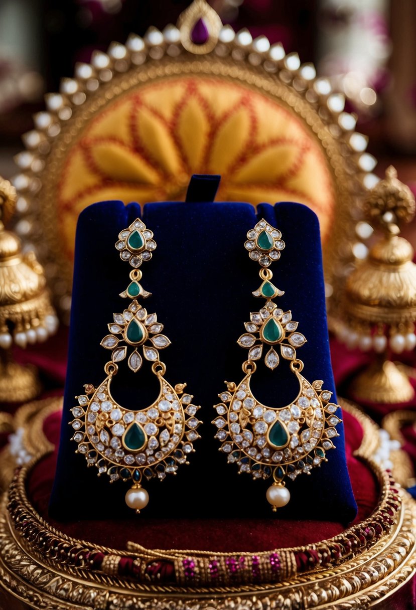 A pair of intricate Jadau Heritage Earrings displayed on a velvet cushion, surrounded by traditional Indian wedding decor