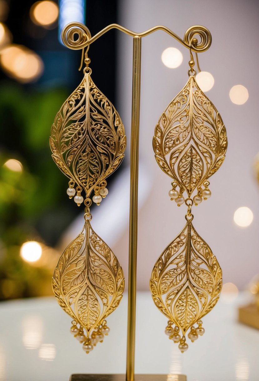 A pair of intricate filigree leaf danglers, inspired by Indian wedding jewelry, dangle delicately from a display stand, catching the light with their ornate design