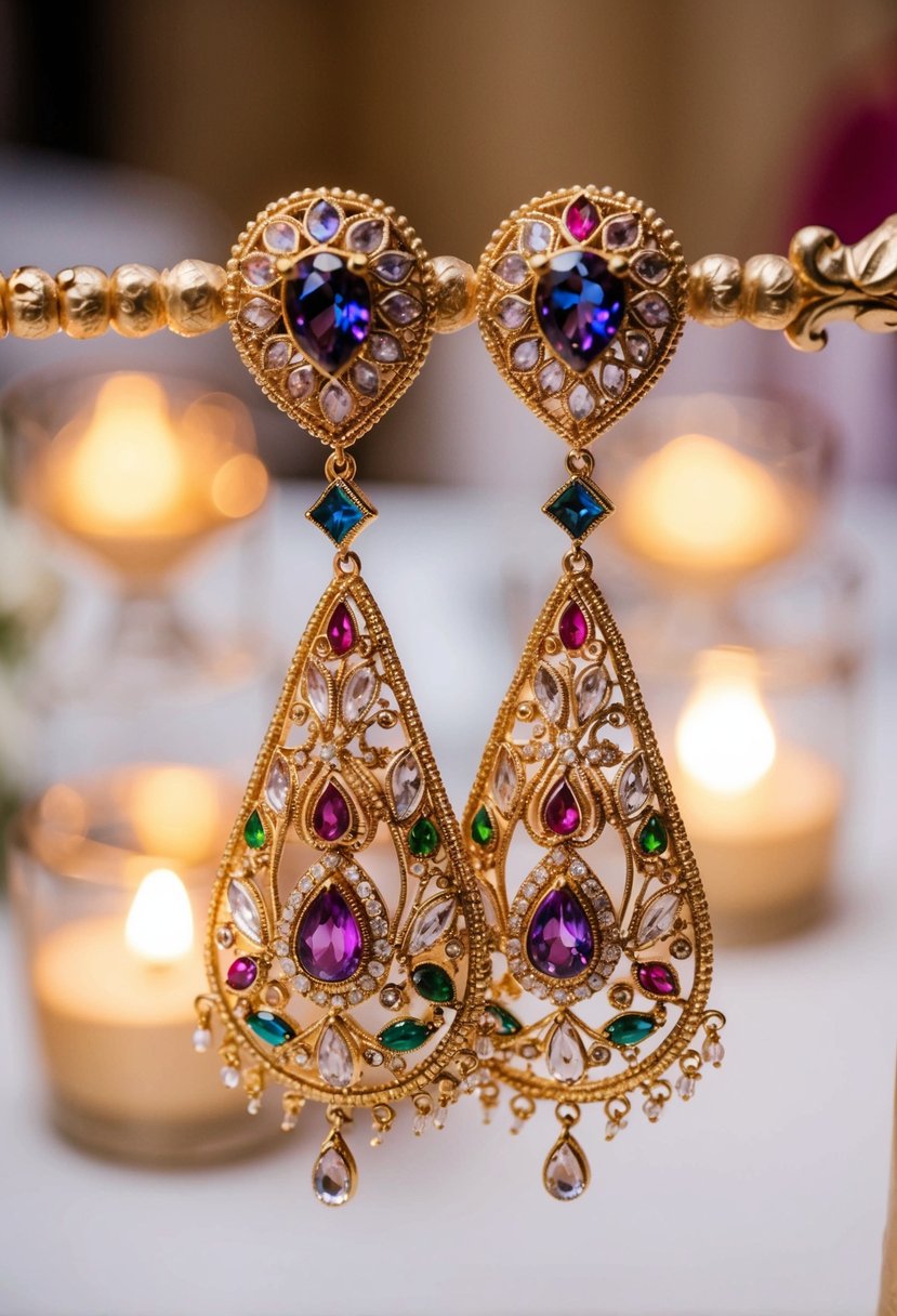 A pair of intricate crystal tear drop earrings, adorned with delicate gold filigree and colorful gemstones, shimmering under the soft glow of candlelight at an Indian wedding