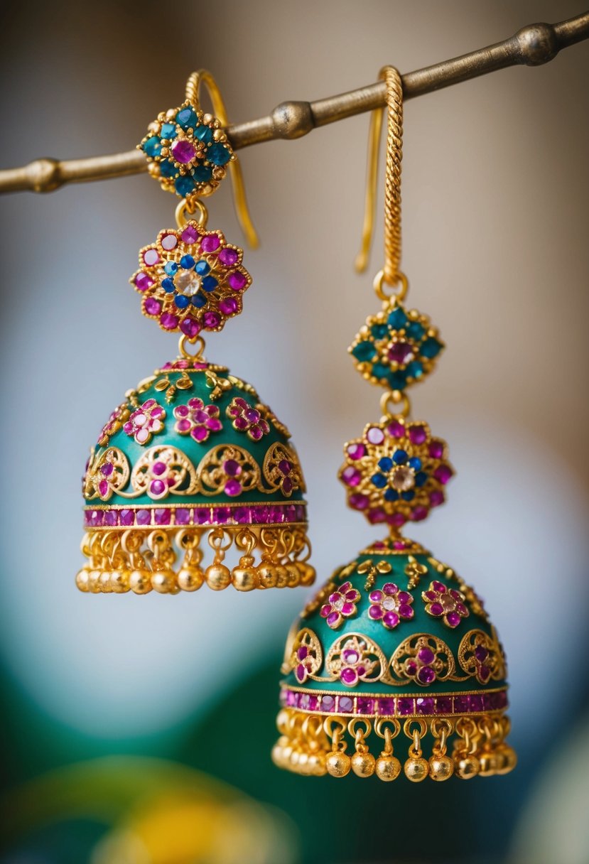 A pair of elaborate jhumka earrings with intricate floral motifs, adorned with colorful gemstones, dangling from a gold chain