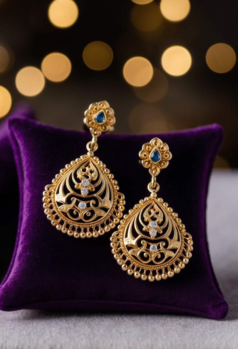 Two intricately carved gold drop earrings, adorned with delicate patterns and small gemstones, resting on a luxurious velvet cushion