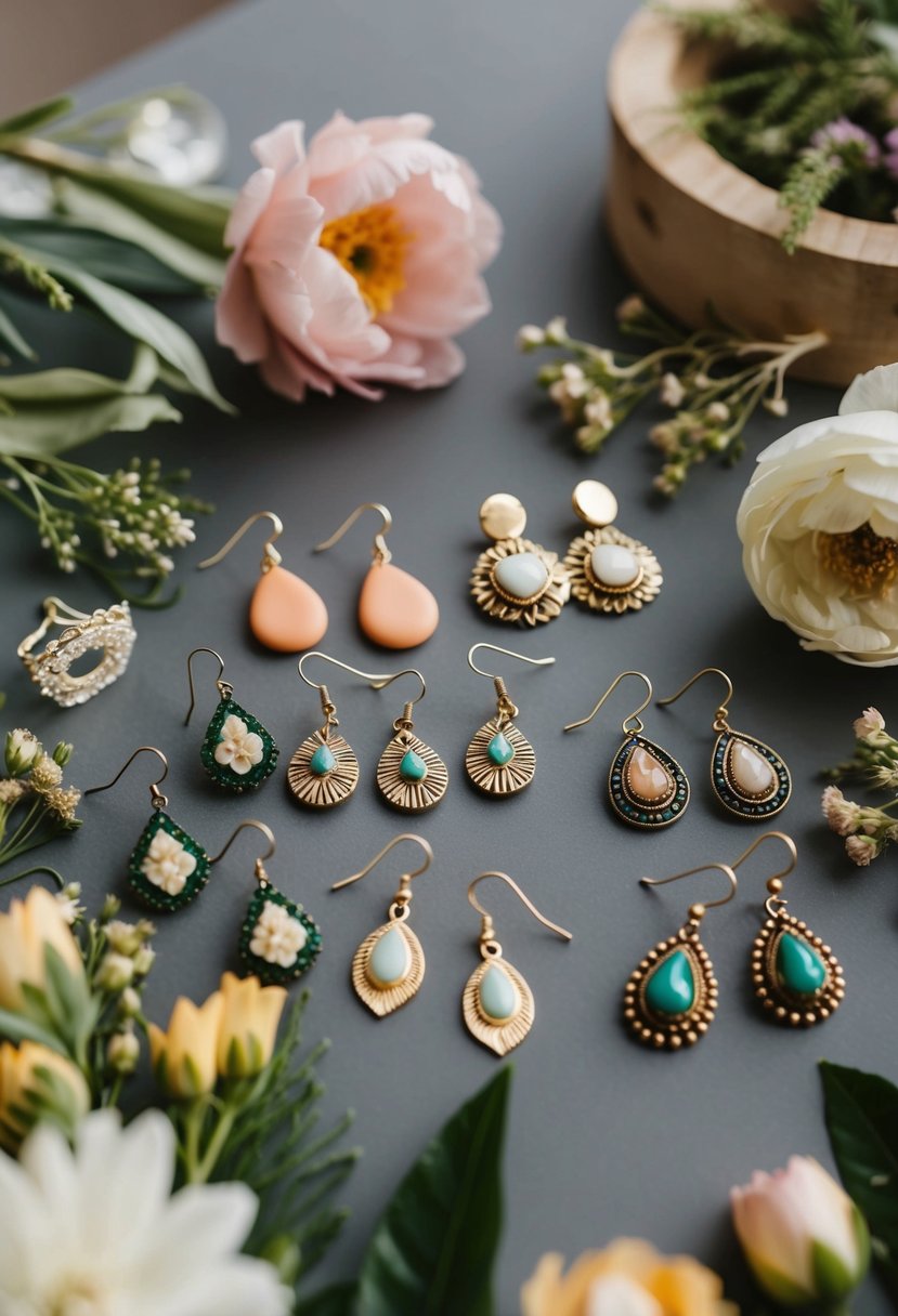 A table with a variety of bohemian-inspired earrings, surrounded by floral and natural elements