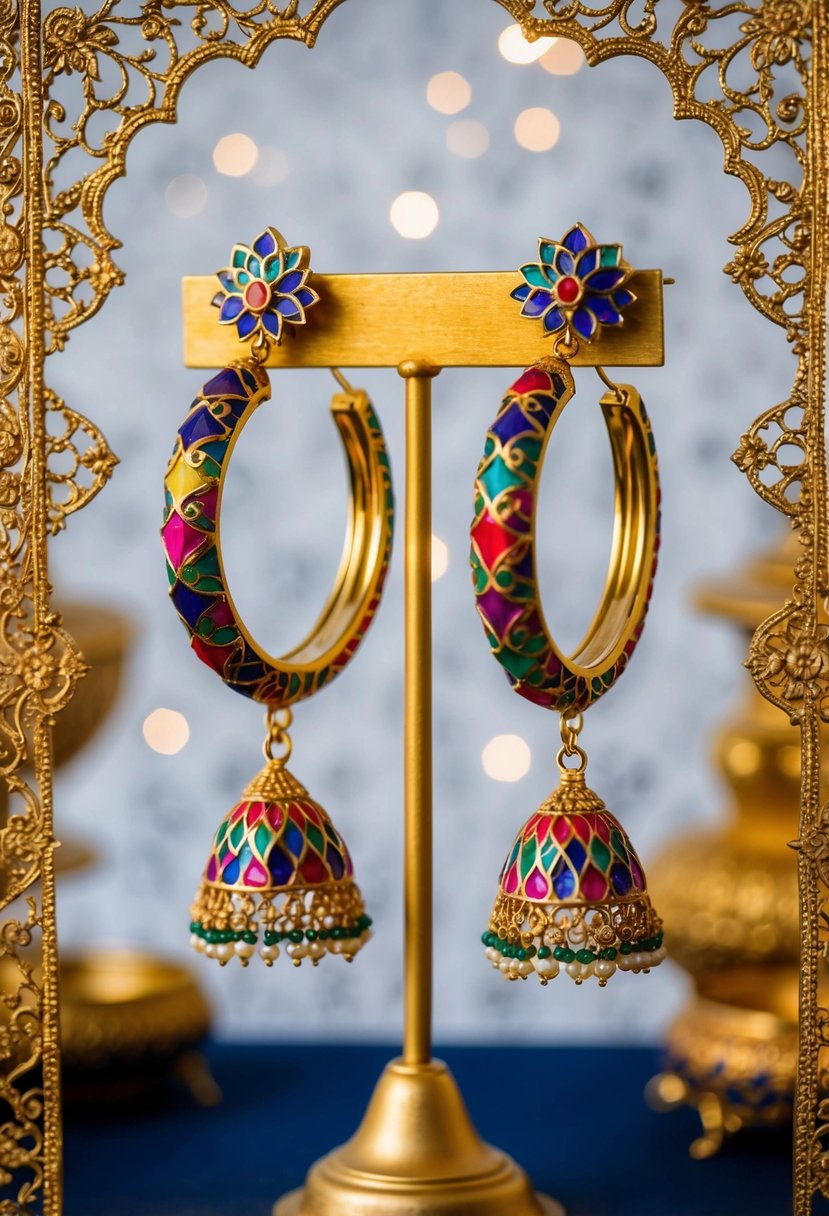 Colorful Meenakari enamel hoops dangle from a golden stand, surrounded by intricate Indian wedding motifs and delicate filigree details