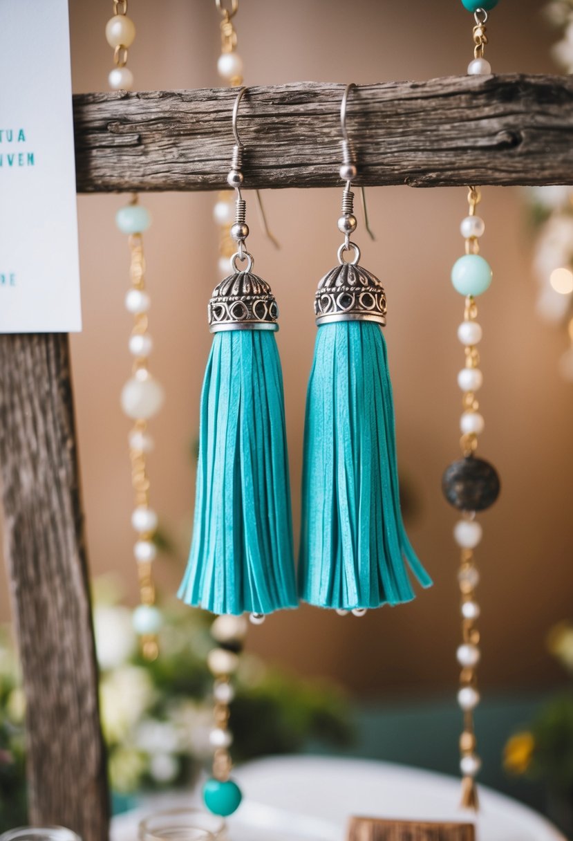 A pair of tassel earrings with turquoise beads hanging from a rustic wooden display at a boho wedding