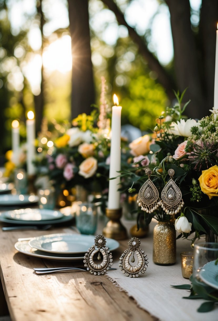 A rustic outdoor wedding setting with a bohemian vibe. A wooden table adorned with floral centerpieces and candles. Sunlight filters through the trees, casting a warm glow on a pair of ornate statement earrings