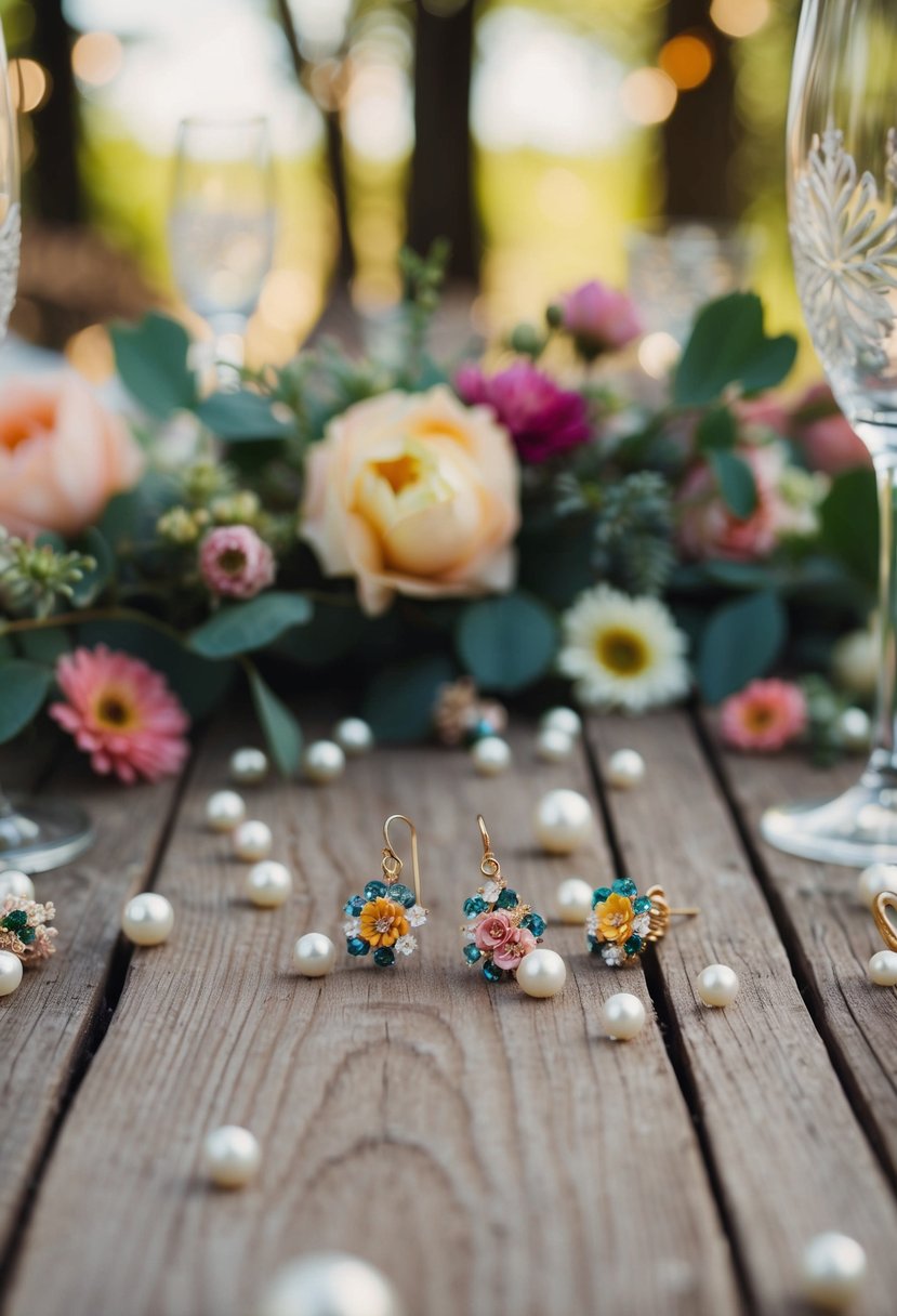 A rustic wooden table with scattered floral drop earrings and pearls, surrounded by bohemian wedding decor