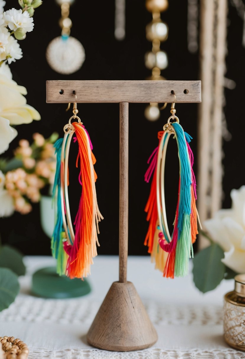 A pair of hoop earrings with colorful fringe dangle from a rustic wooden jewelry stand, surrounded by bohemian wedding decor