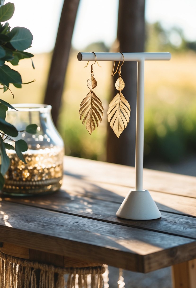 A rustic, outdoor wedding setting with a wooden table adorned with bohemian-inspired decor. Gold leaf dangle earrings hang from a display, catching the sunlight